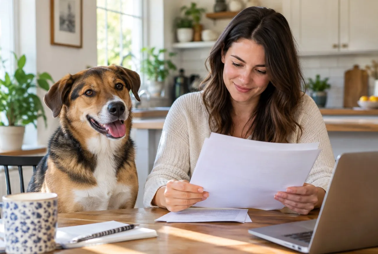 Owner reviewing paper at table with brown-and-black dog